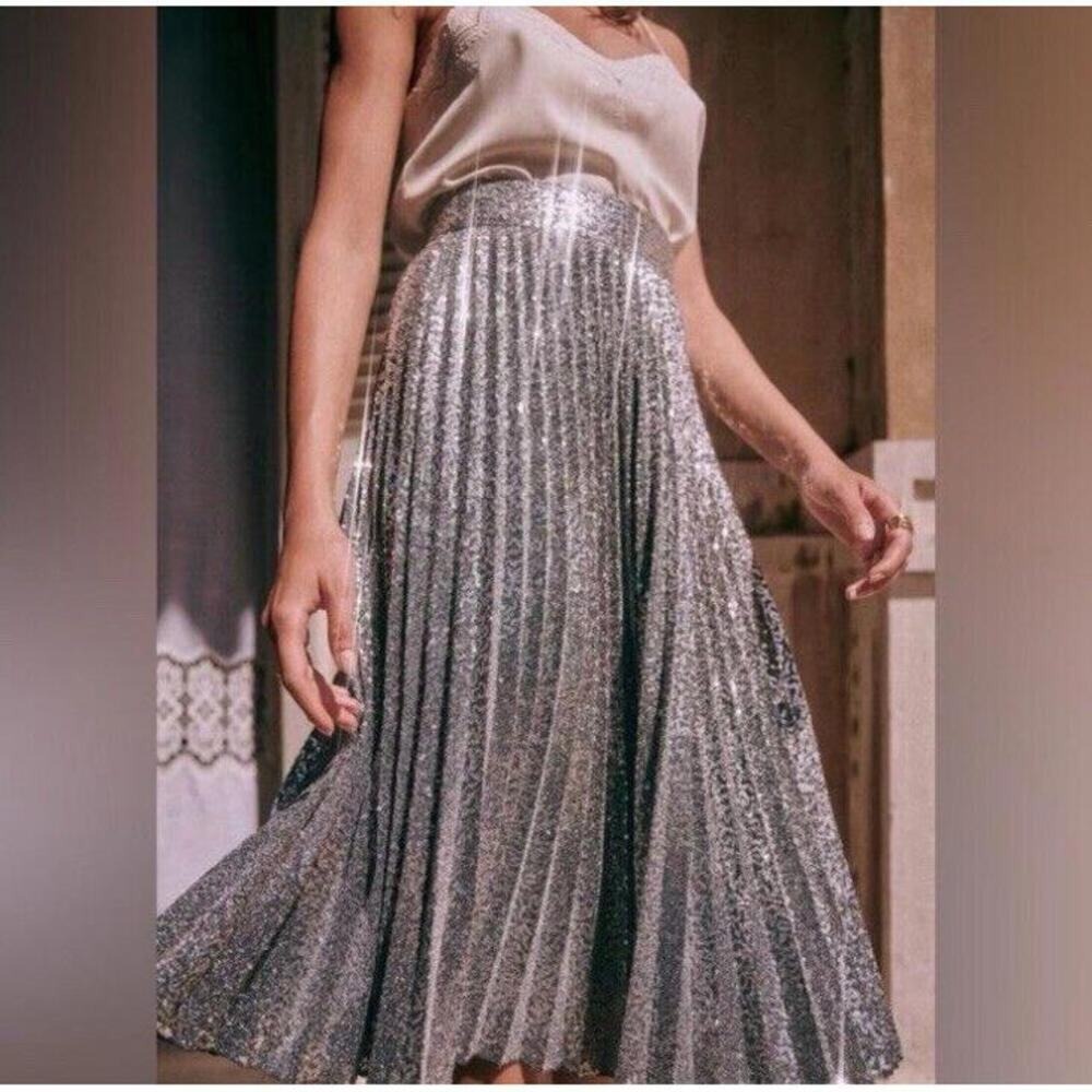 SEZANE Jupe Dino Sequin Metallic Silver Pleated skirt Size 34 2